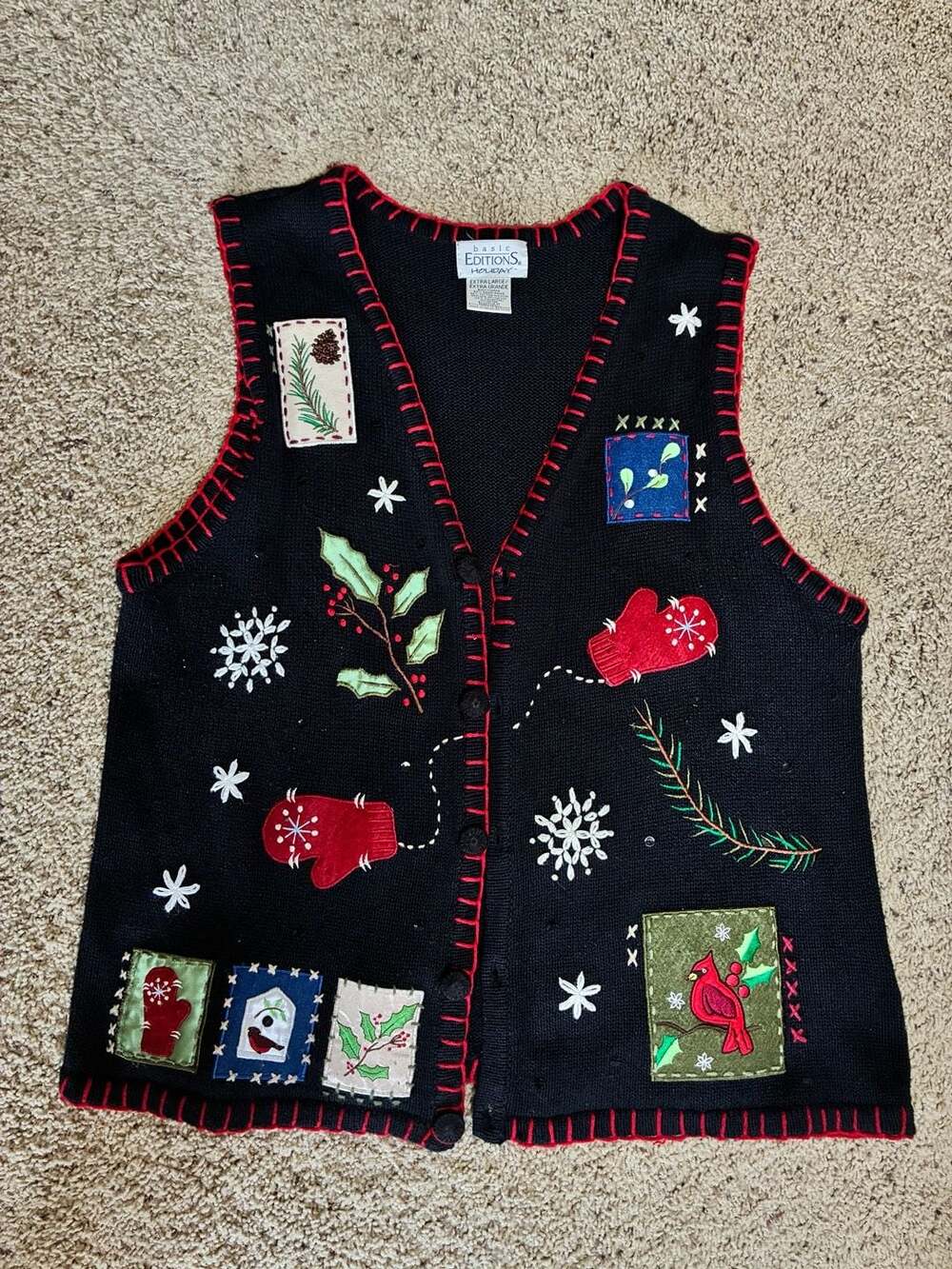 Basic Editions Holiday Black Christmas Sweater Vest With Mittens and Cardinal Pa